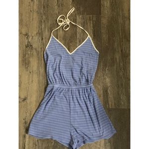 Light Blue Striped Halter Romper